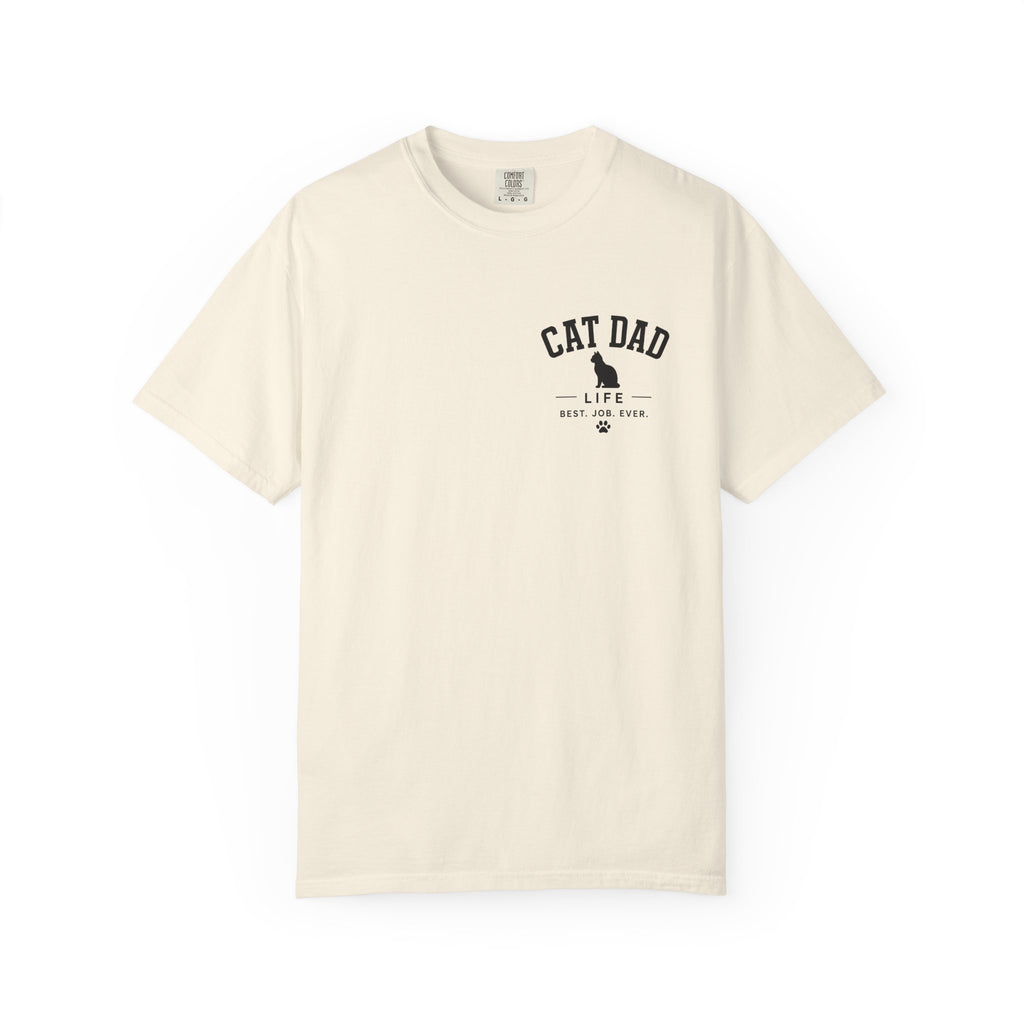 Beige t-shirt with a logo on the chest against a white background