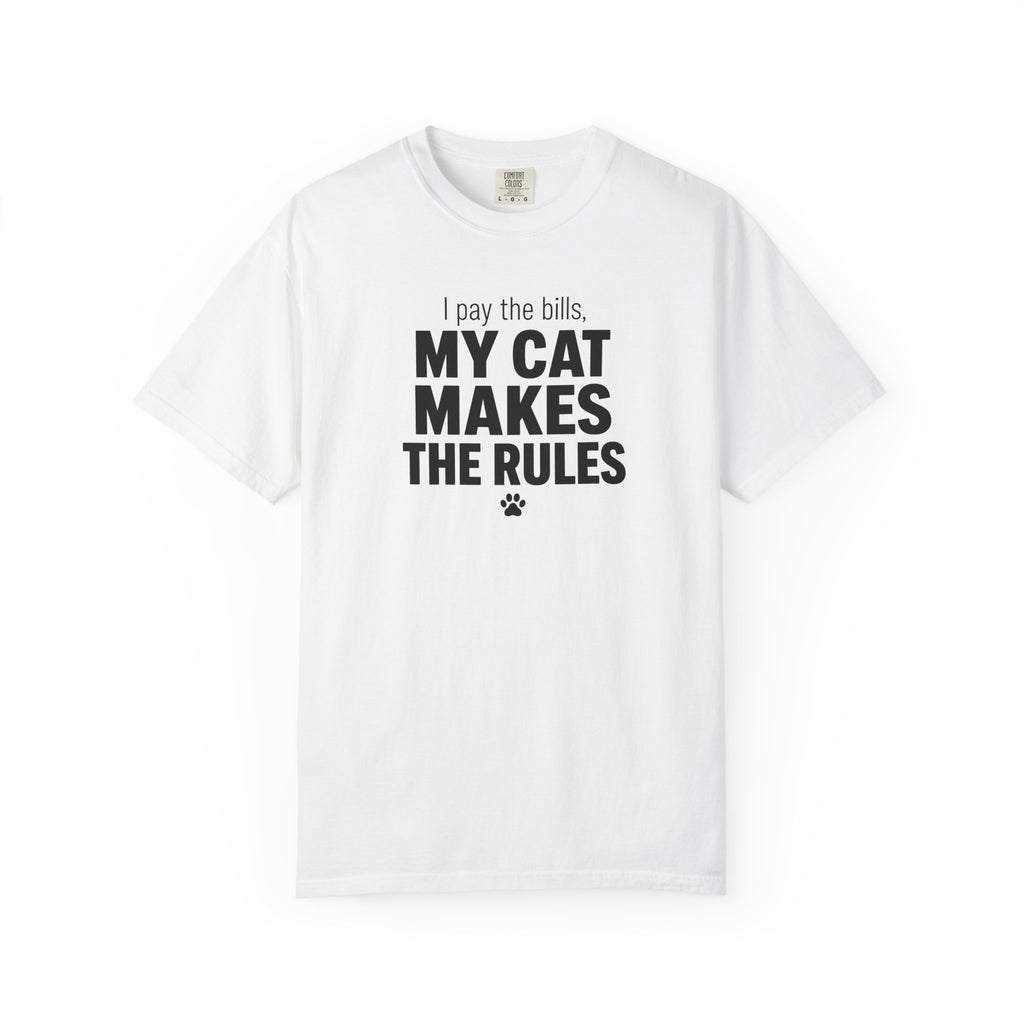 White t-shirt with a paw graphic and text on a white background