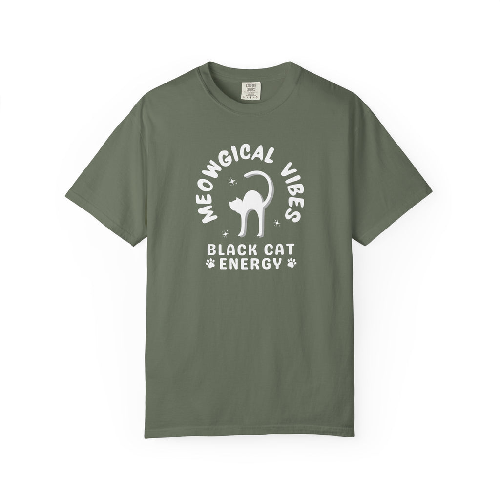 Green t-shirt with 'Glamping + Wine' design on a white background