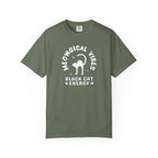 Green t-shirt with 'Glamping + Wine' design on a white background