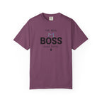 Purple t-shirt with graphic design and text on a white background