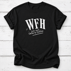 A black short-sleeve crewneck t-shirt with a distressed white graphic print reading 'WFH just need Cats & Coffee', laid flat on a white wood plank background.