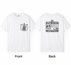White short-sleeve T-shirt shown from the front and back on a light gray background. The front has a small black chest graphic, and the back has a larger black graphic reading 'Official Cat Staffs' and 'Property of the Cat.